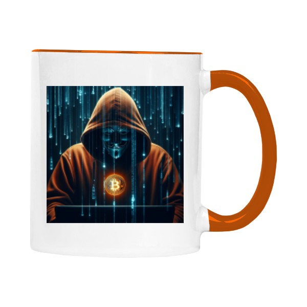 Hrnek malý barevný s potiskem Bitcoin hacker - orange