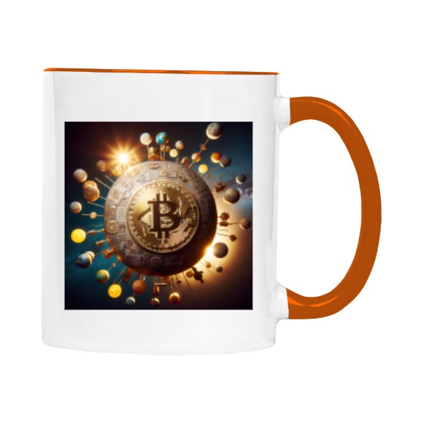 Hrnek malý barevný s potiskem Bitcoin sluncem v sluneční soustavě