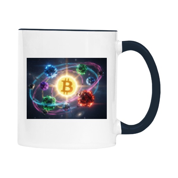 Hrnek malý barevný s potiskem Bitcoin the center of the universe