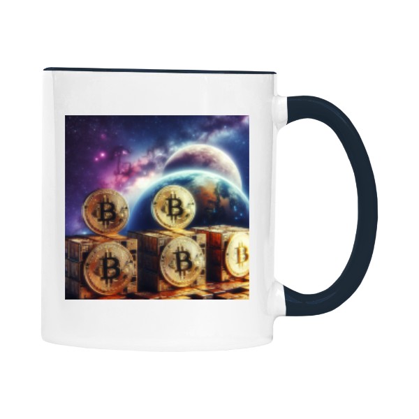 Hrnek malý barevný s potiskem Bitcoinové bloky ve vesmíru