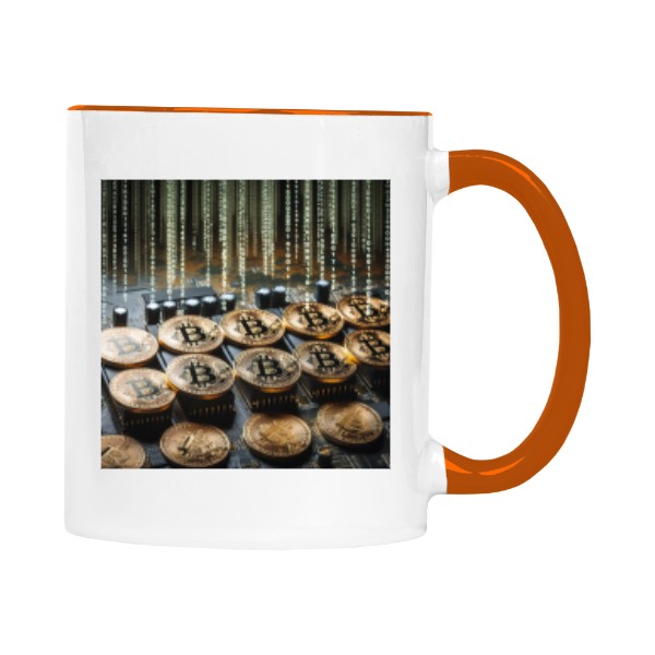 Hrnek malý barevný s potiskem Bitcoinové mince na základní desce