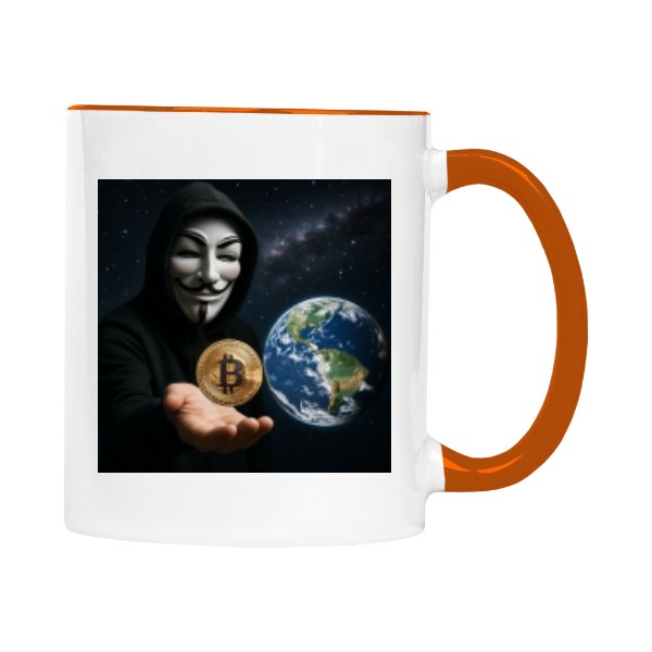 Hrnek malý barevný s potiskem Satoshi daruje Bitcoin