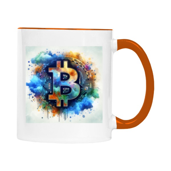 Hrnek malý barevný s potiskem Bitcoin. Olejová Bouře