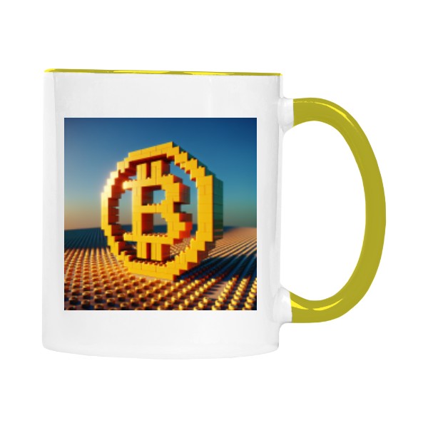 Hrnek malý barevný s potiskem Bitcoin. Pixelová Vize
